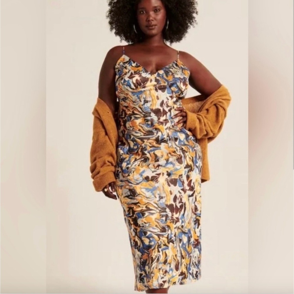 Abercrombie & Fitch Blue Orange Abstract Marble Print Midi Slip Dress Large